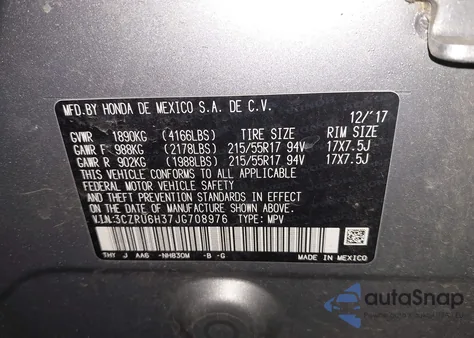 2018 Honda Hr-V Lx из США, поврежденный, VIN 3CZRU6H37JG708976